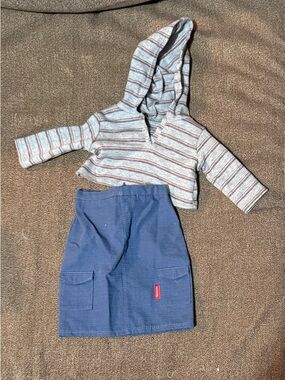 American Girl Doll Striped Hooded Pullover with Navy Cargo Skirt